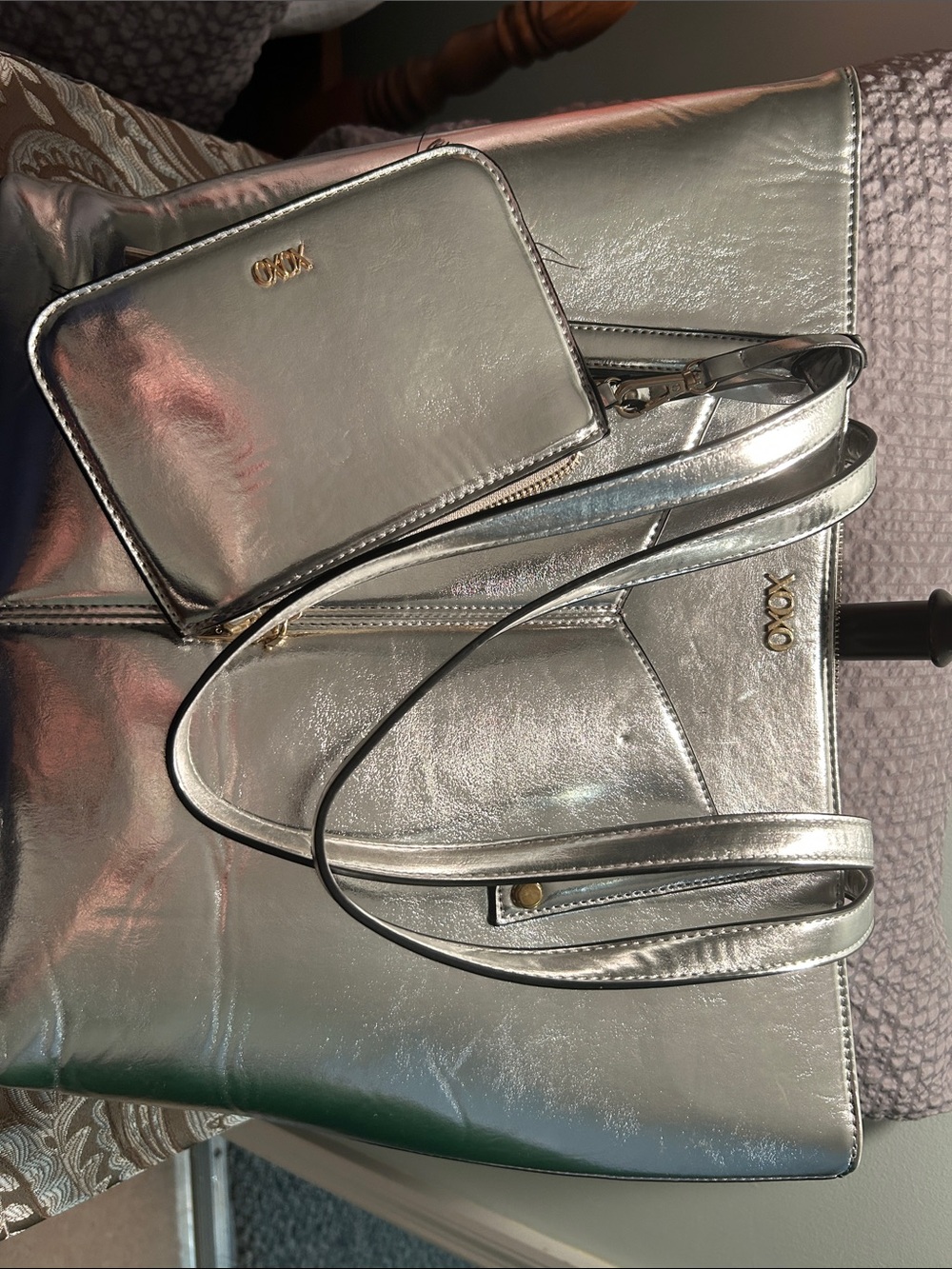XOXO Metallic Silver Tote with Matching Zip Wristlet